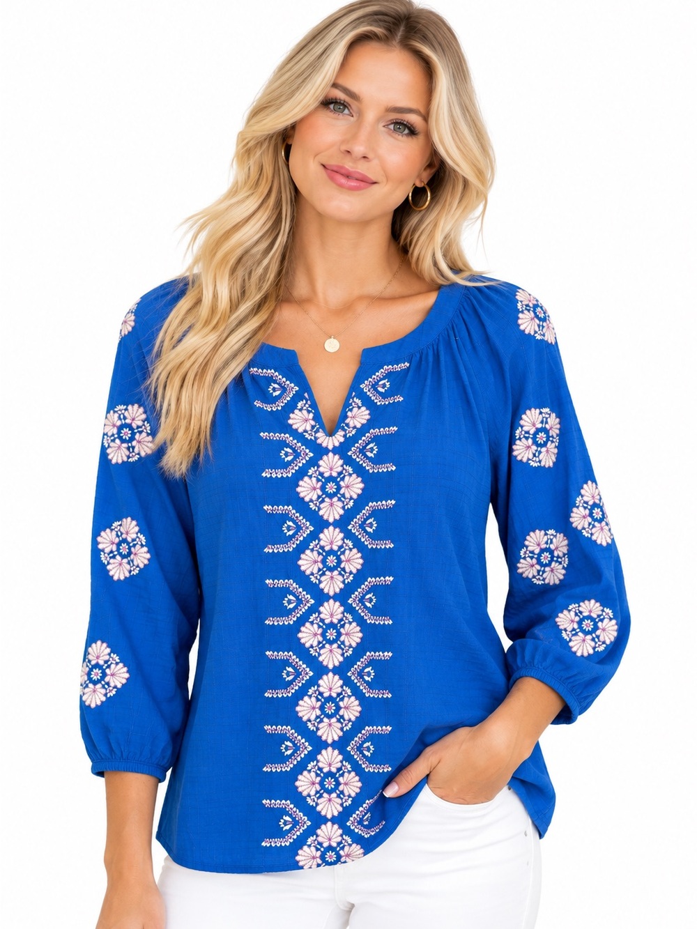 J. Jill Royal Blue Embroidered Textured Peasant Blouse Boho Tunic Top EUC L